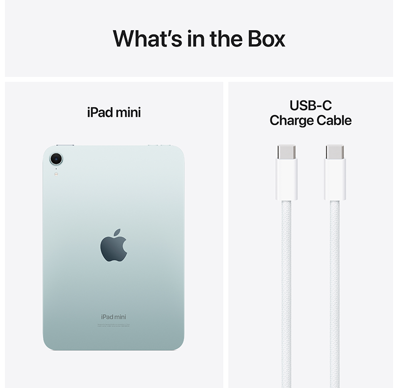 iPad mini és USB-C kábel fehér háttérben, a szöveg a dobozban lévőt mutatja.