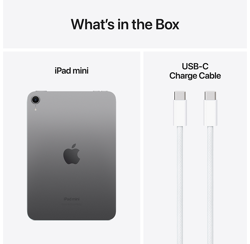 Egy iPad mini és egy USB-C kábel, a "What's in the Box" felirattal.