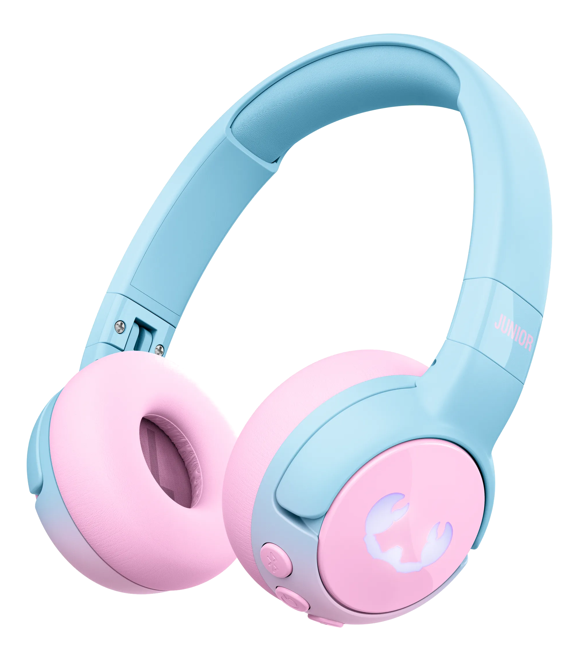 Blaue und rosa Kopfhörer mit Krabbenlogo auf den Ohrmuscheln, für Kinder.
