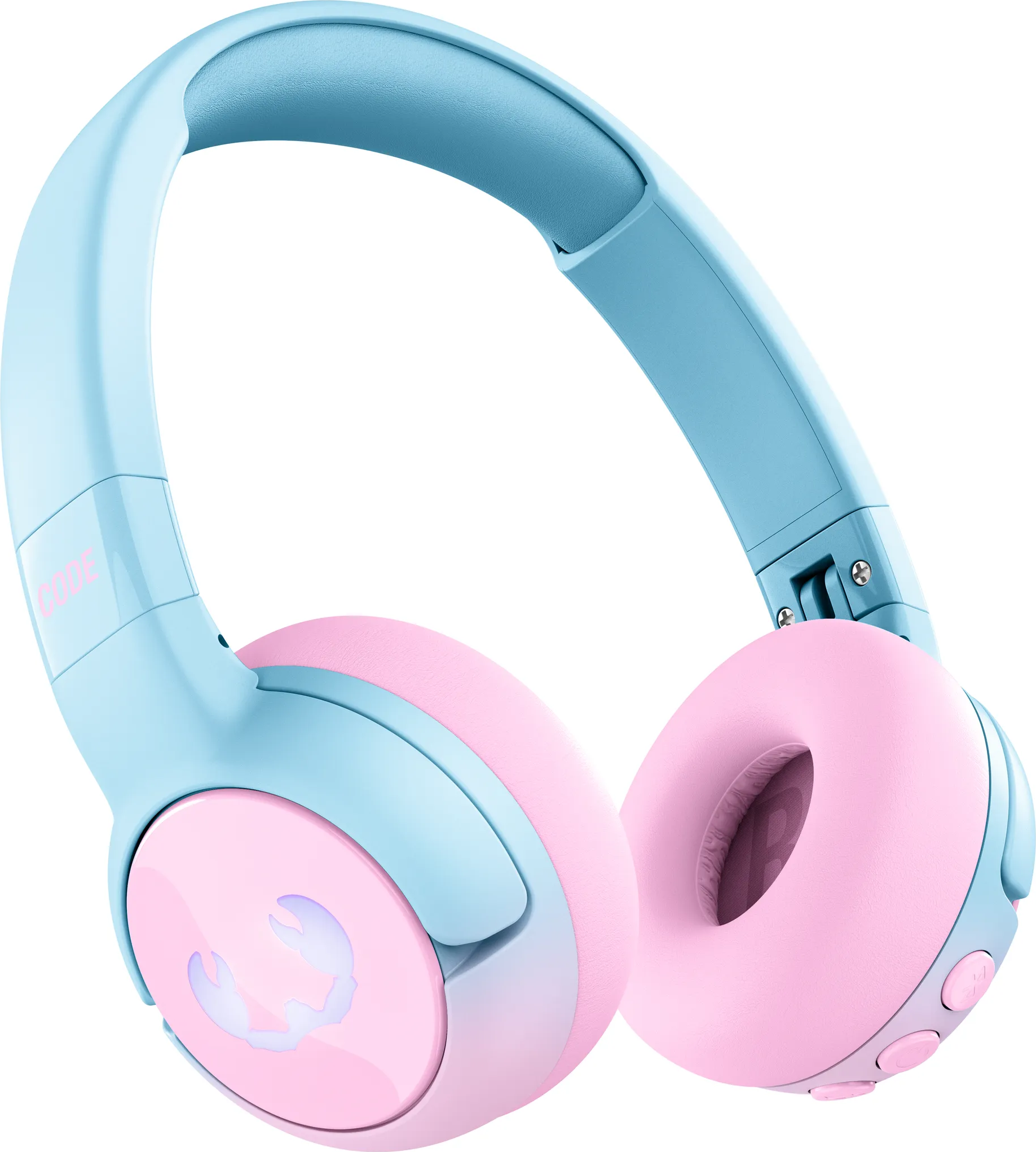 Blaue und rosa Kopfhörer. Die Ohrmuscheln und das Kopfband sind blau und rosa.