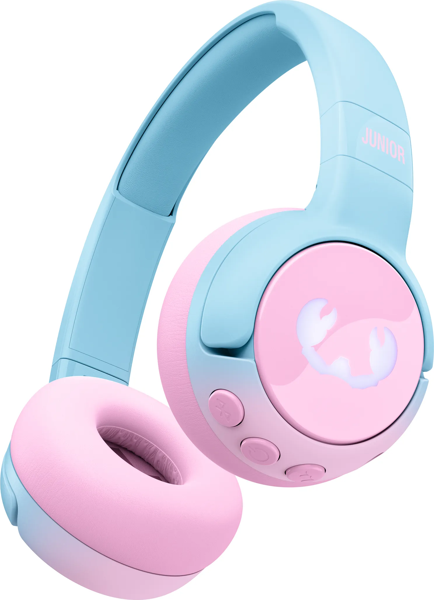 Hellblaue und rosa Junior-Kopfhörer. Die Ohrmuscheln sind rosa, das Kopfband hellblau.