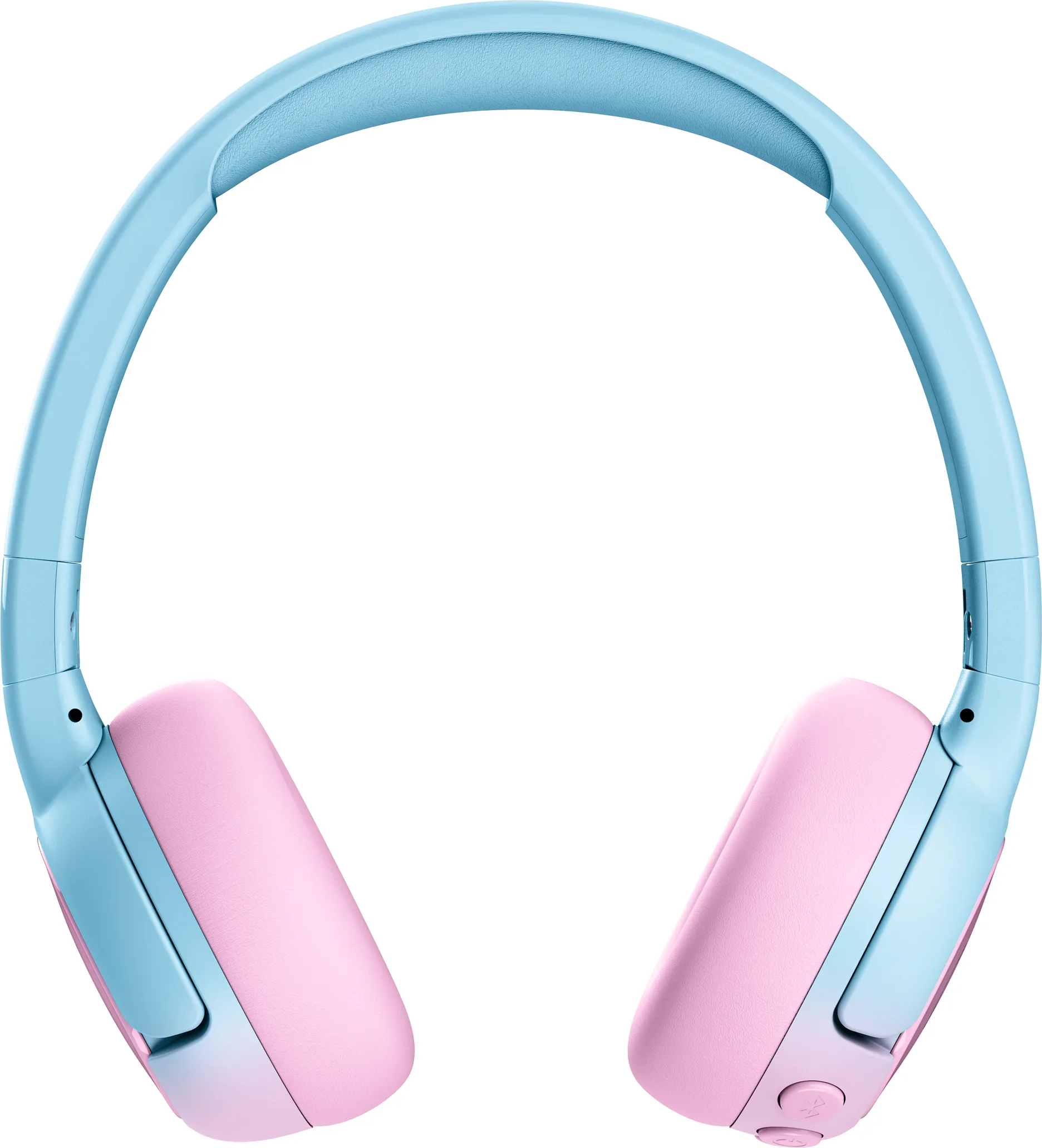 Hellblaue Kopfhörer mit rosa Ohrmuscheln.