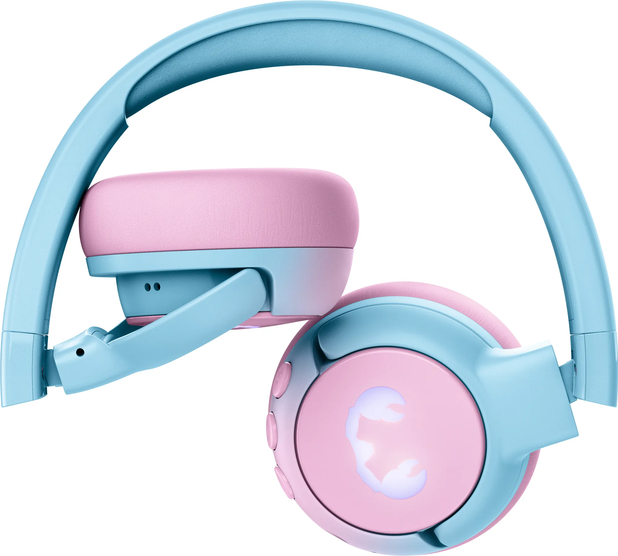 Blaue und rosa Kopfhörer. Die Ohrmuscheln sind rosa mit einem Krebslogo. Der Kopfbügel ist hellblau.