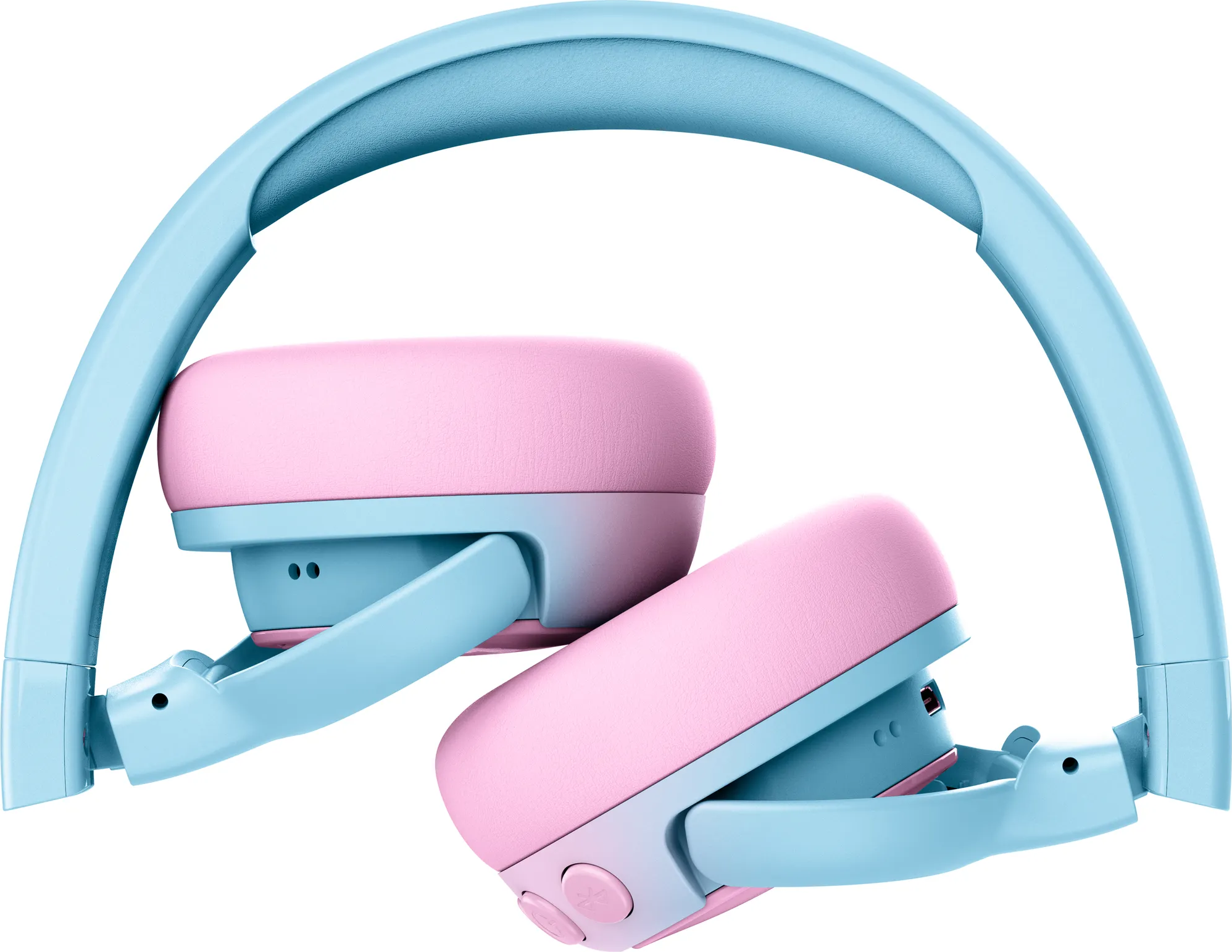 Blaue und rosa Kopfhörer, zusammengeklappt. Ohrmuscheln sind rosa, der Bogen ist blau.