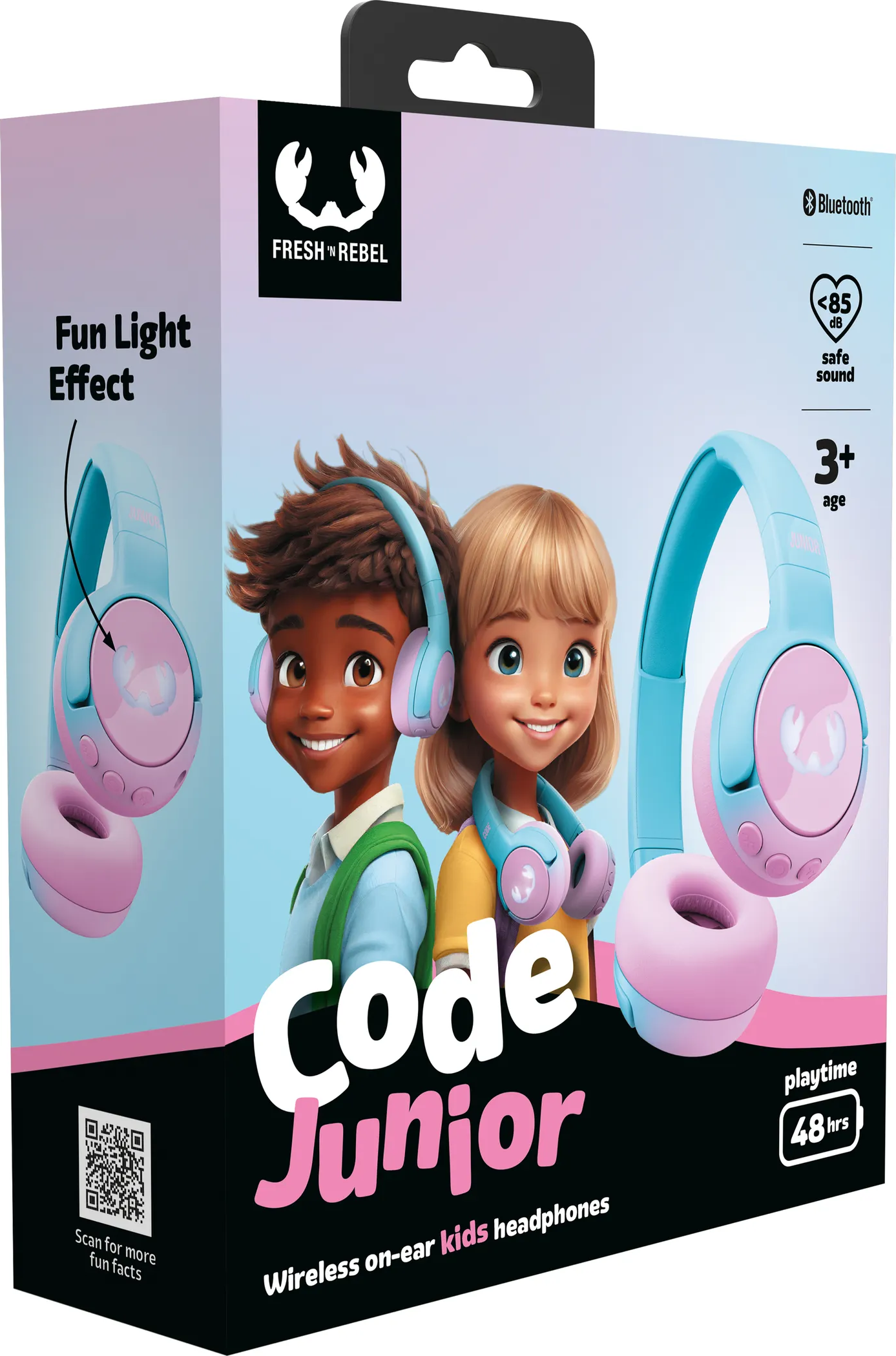 Box mit Kinderkopfhörern mit zwei Zeichentrickkindern. Text: 'Code Junior', 'Fun Light Effect' und 'Bluetooth'.