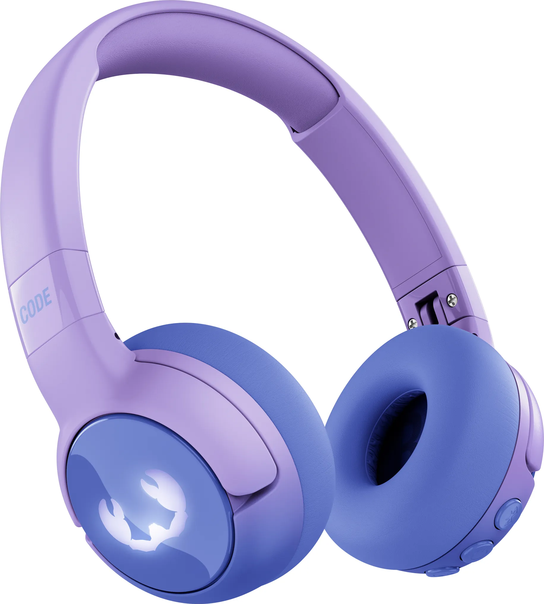 Lila und blaue Kopfhörer. Die Ohrmuscheln und das Kopfband sind lila und blau.