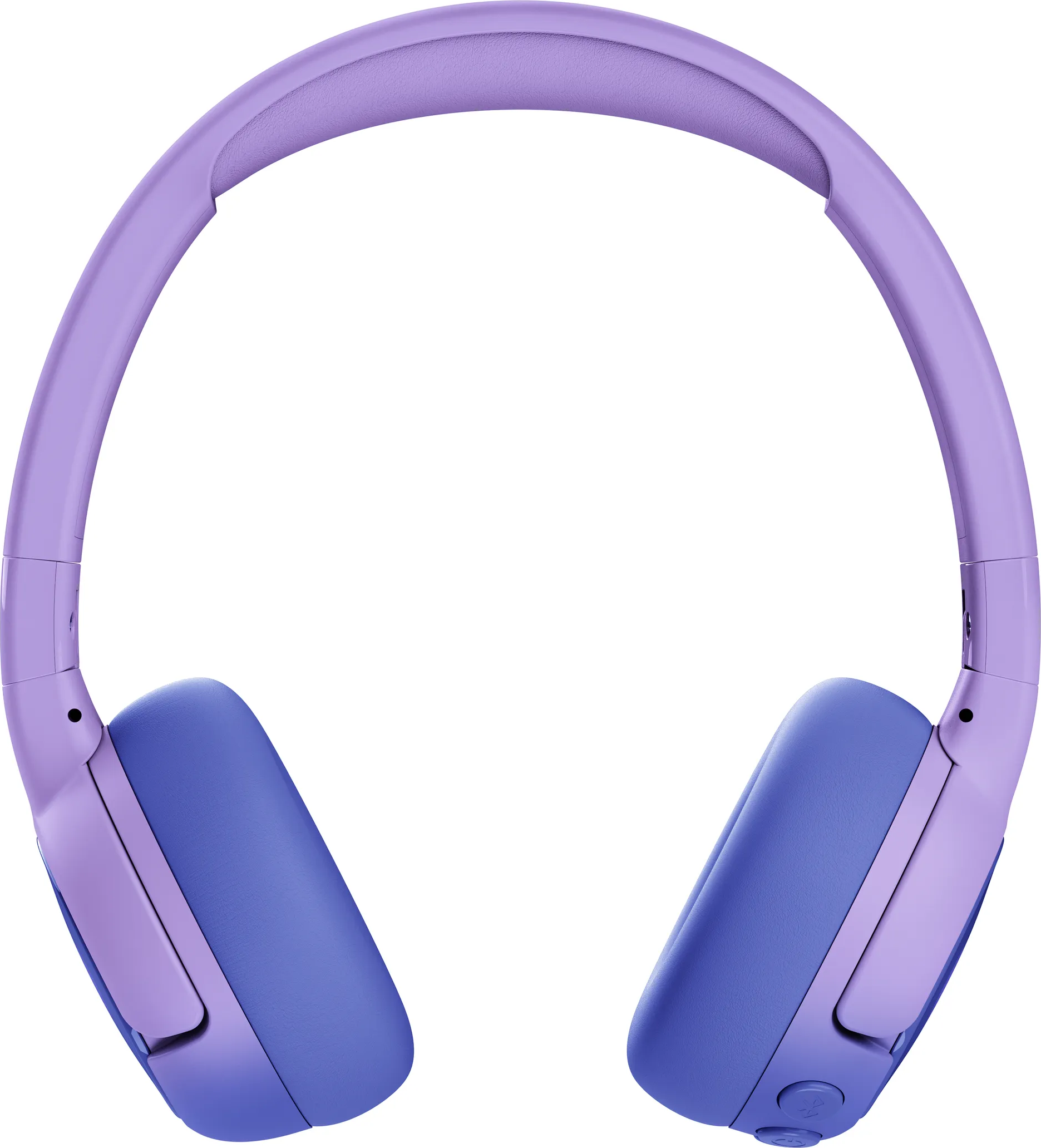 Lila und blaue Kopfhörer. Das Kopfband ist lila, und die Ohrmuscheln sind blau. Auf weißem Hintergrund.