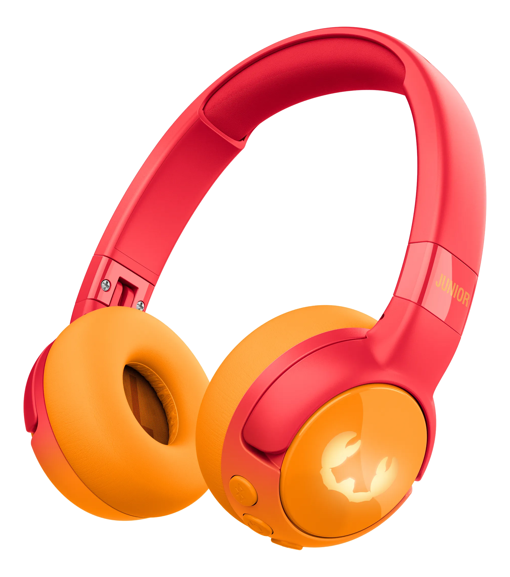 Rote und orangefarbene Kopfhörer mit orangefarbenen Ohrmuscheln und einem Junior-Logo. Rotes Kopfband.