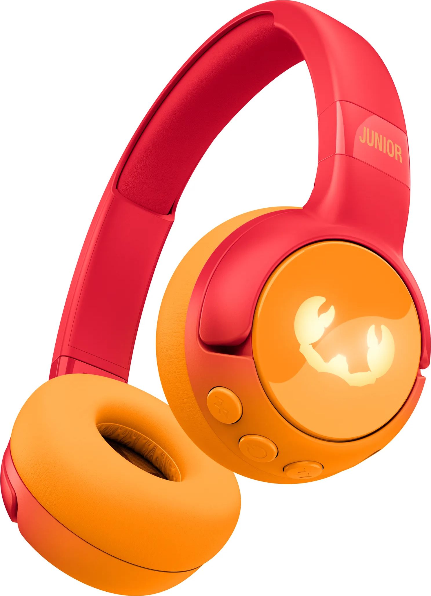 Rote und orangefarbene Kopfhörer mit einem Krebs-Logo auf der Ohrmuschel. Weißer Hintergrund.