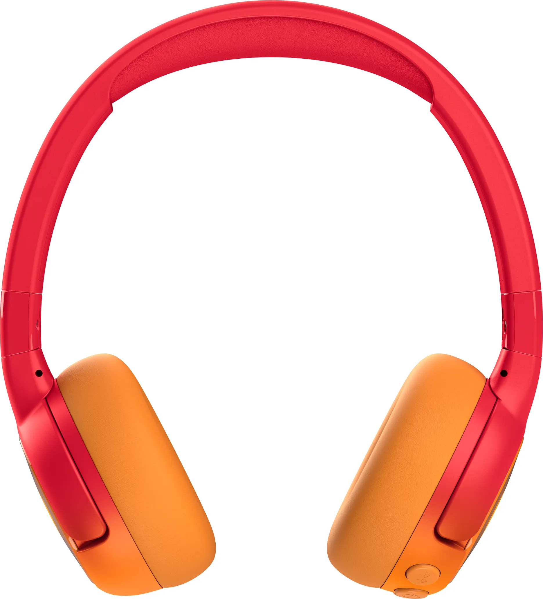 Rote Kopfhörer mit orangefarbenen Ohrmuscheln. Einfaches Design, ein Knopf, weißer Hintergrund.