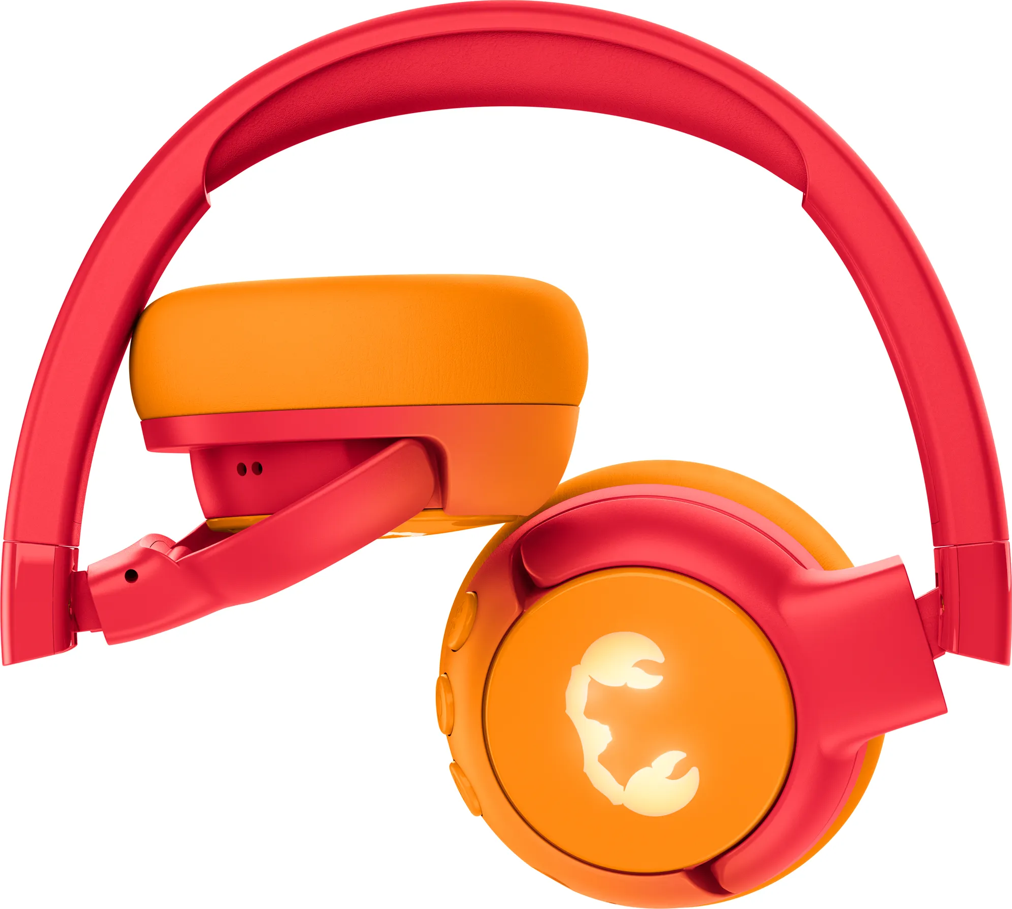 Orange und rote Kopfhörer, die Ohrmuscheln und das Kopfband zeigen, mit einem Skorpion-Logo.