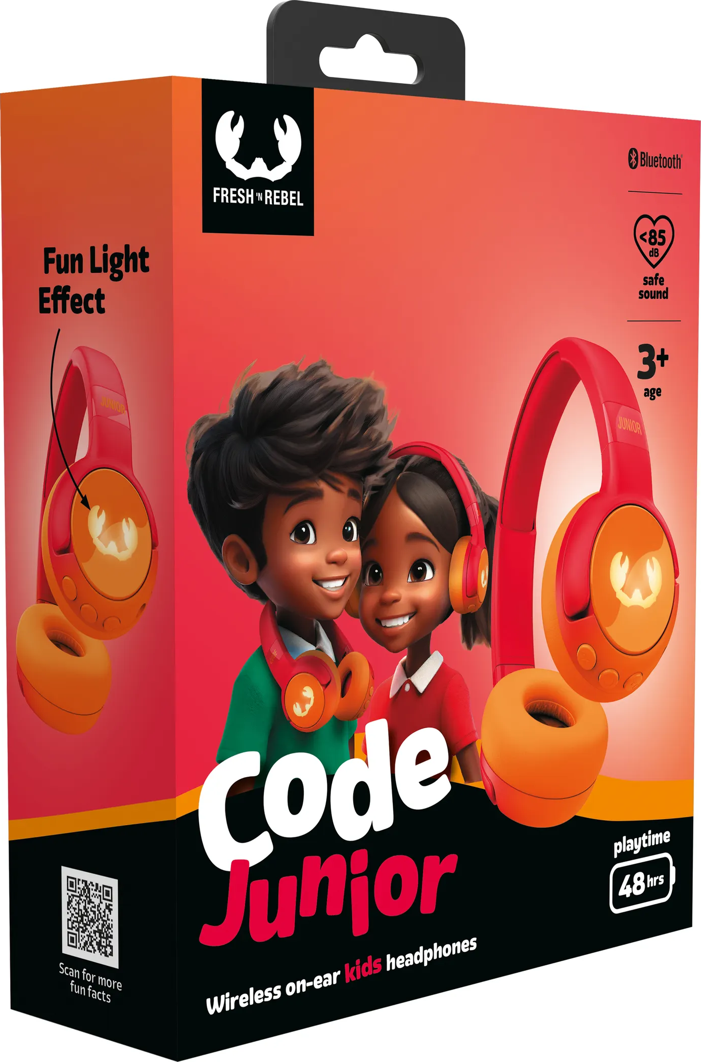 Box mit Code Junior-Kopfhörern, mit Zeichentrickkindern und Text auf rotem Hintergrund.