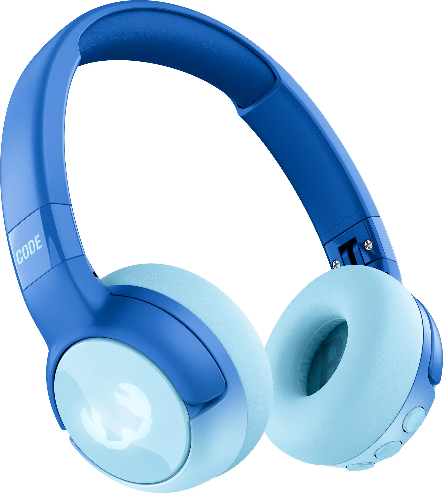 Blaue Kinderkopfhörer mit hellblauem Kissen und weißem Logo.