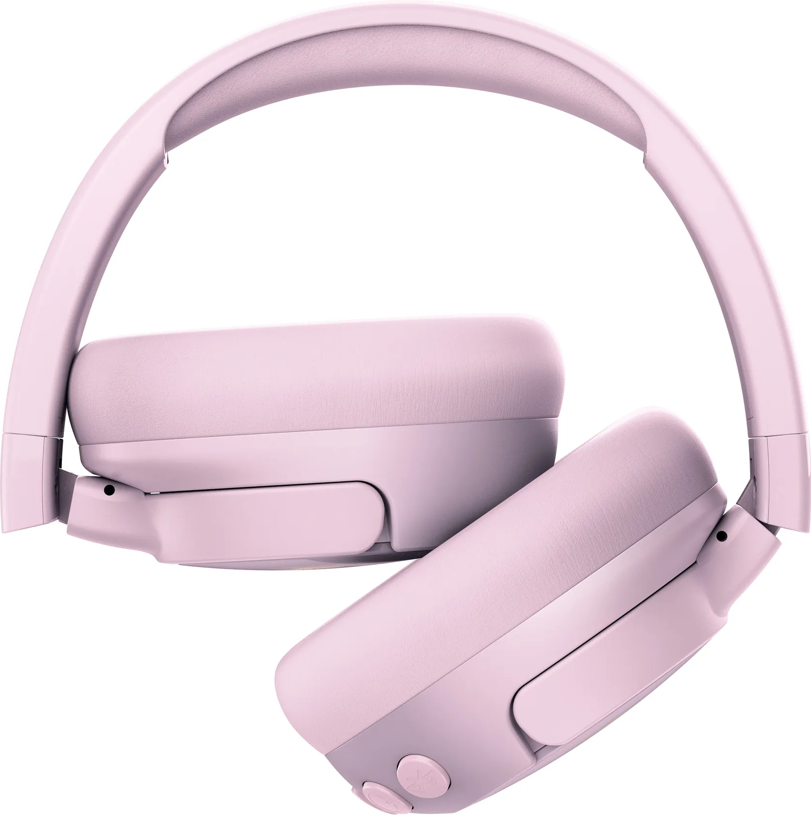 Gefaltete rosa Kopfhörer. Eine Ohrmuschel ist leicht geöffnet und zeigt das Innere.