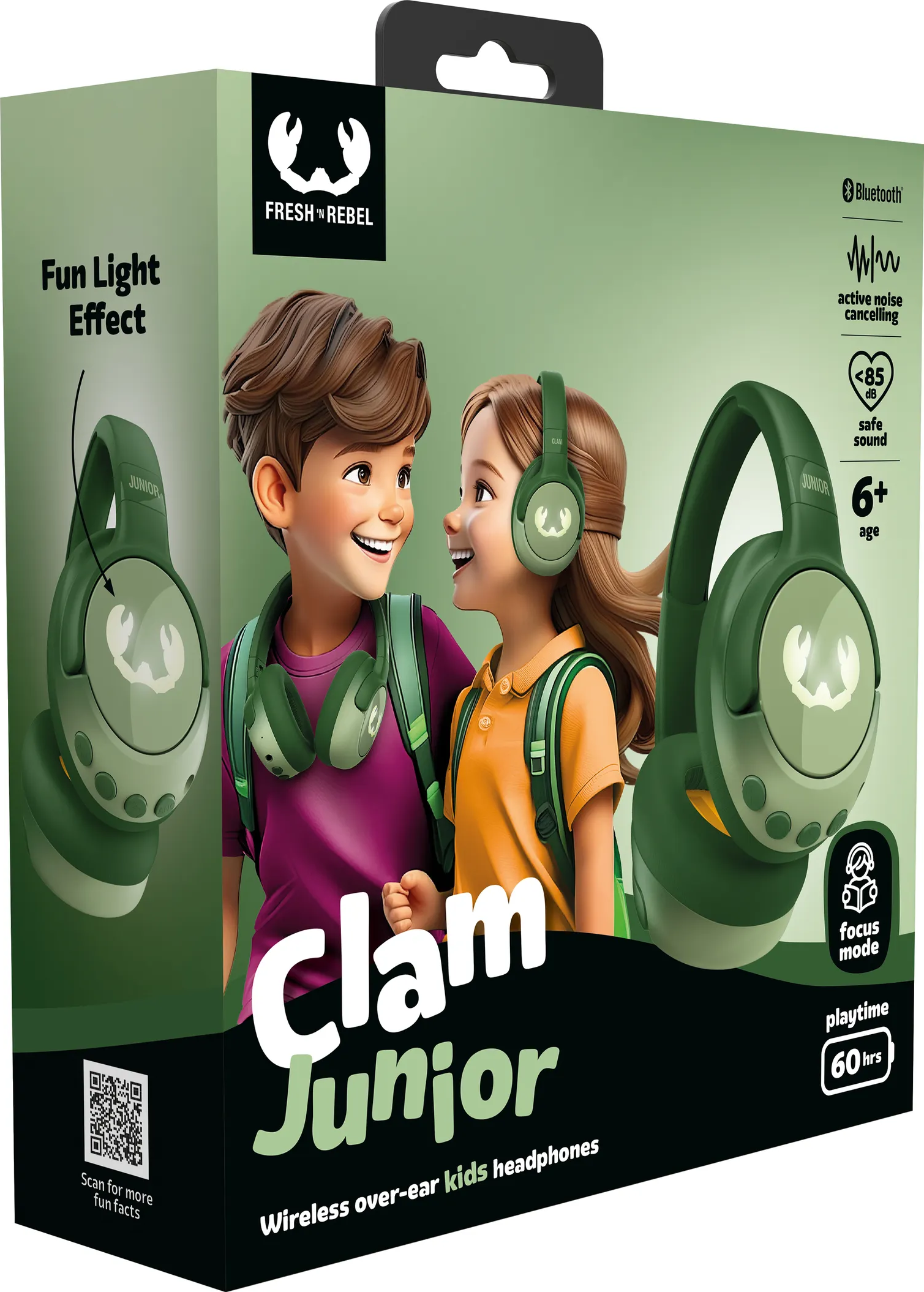 Box zeigt zwei Cartoon-Kinder mit grünen Kopfhörern. Text: Clam Junior. Kabellose Over-Ear-Kopfhörer für Kinder.