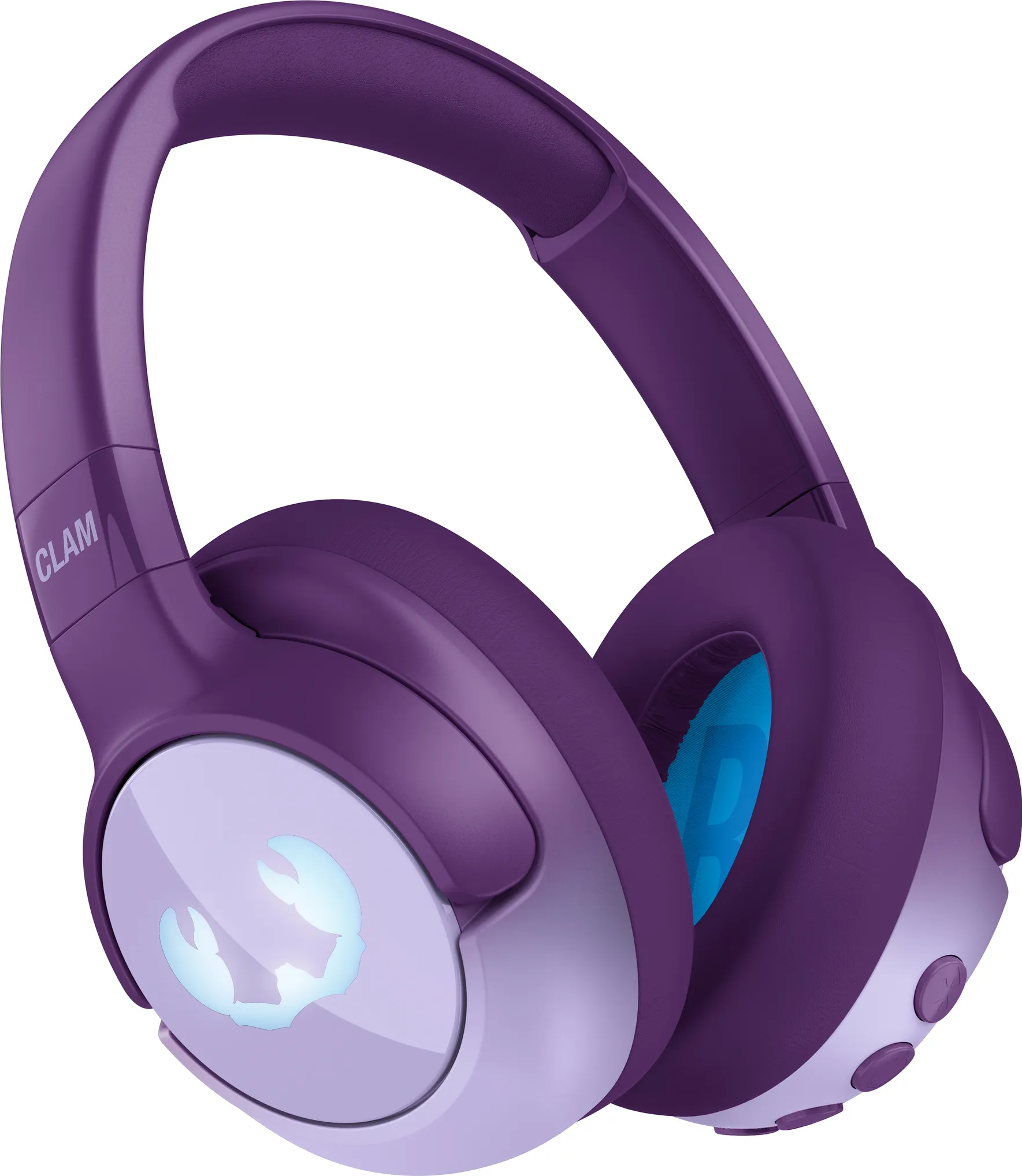 Lila Kopfhörer mit weißem Logo. Die Kopfhörer sind Over-Ear-Stil, mit blauen Akzenten.