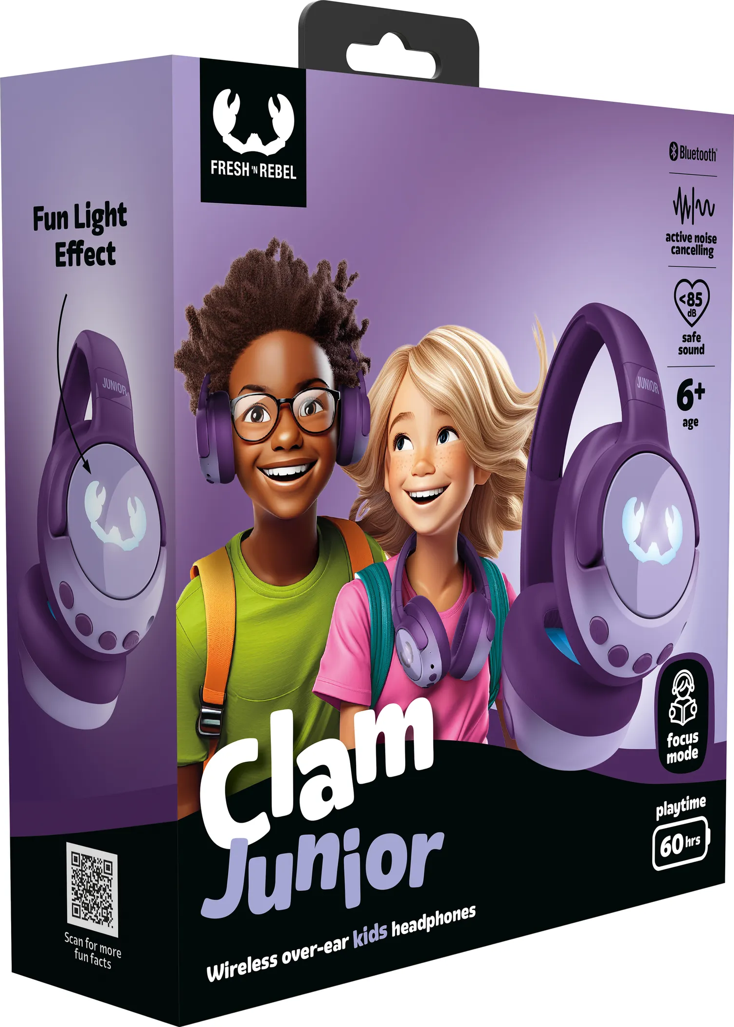 Schachtel mit Cartoon-Kindern mit lila Kopfhörern. Text: 'Clam Junior' und 'Fun Light Effect'.