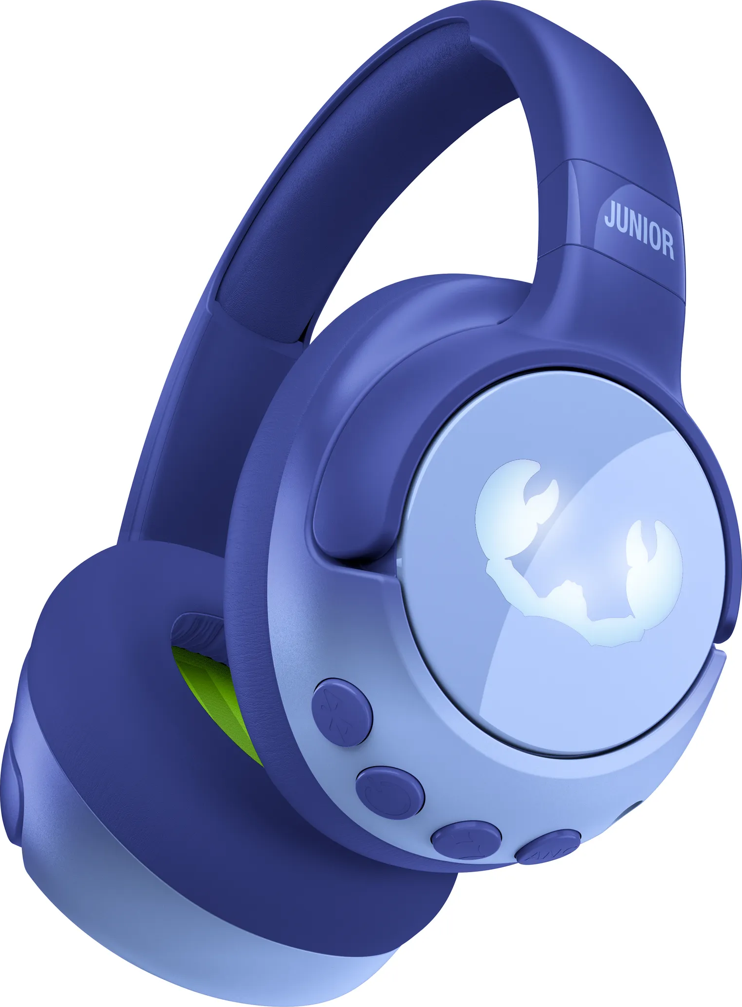 Blaue und hellblaue Junior-Kopfhörer mit Krabbenlogo und Knöpfen.