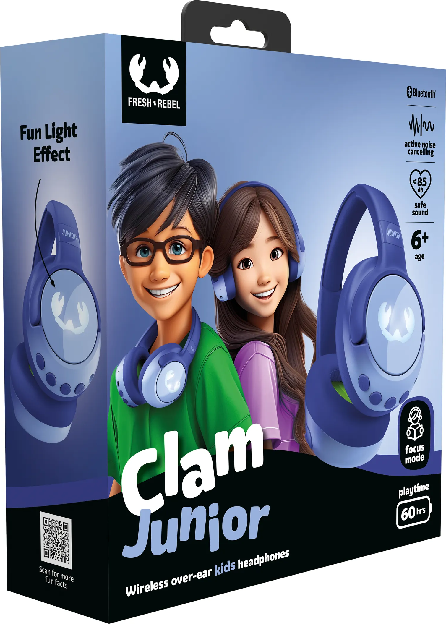Box mit zwei Kindern mit Kopfhörern, mit dem Text 'Clam Junior'.