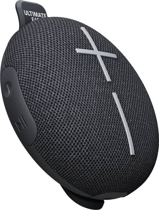 Altoparlante Ultimate Ears nero e grigio con un segno più bianco. Pulsanti laterali visibili.