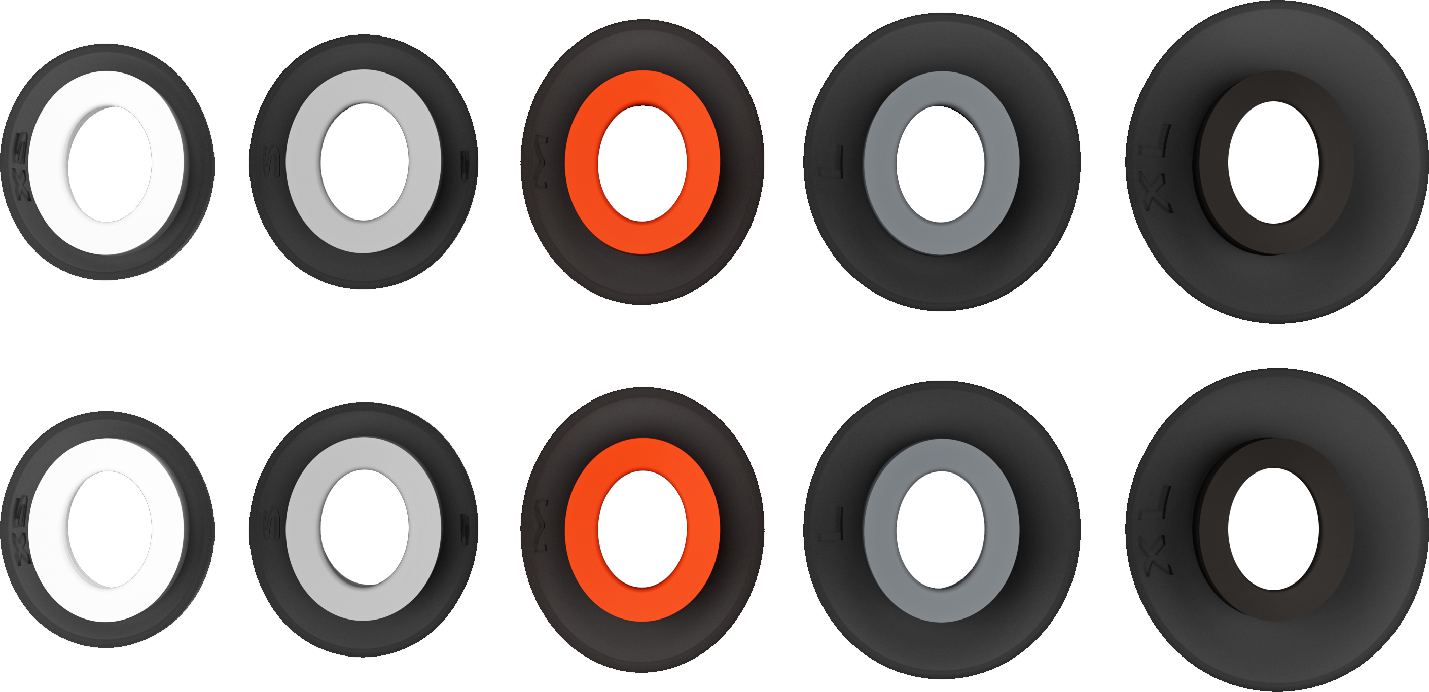 Nahaufnahme von 10 Ohrstöpseln in verschiedenen Farben. Schwarz, Weiß, Grau und Orange.