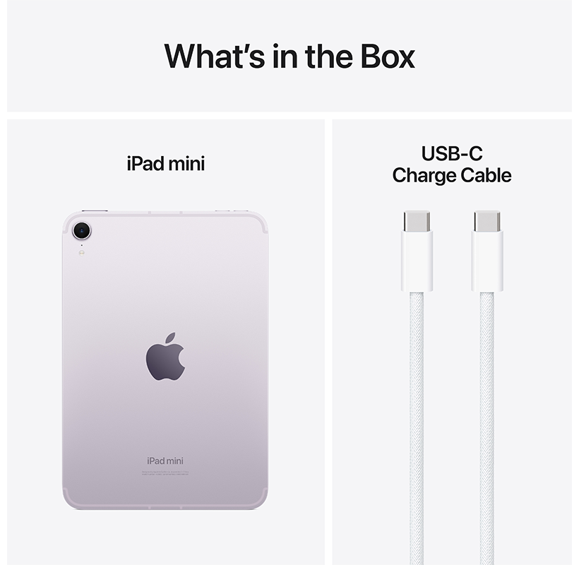 Kép egy iPad minit és egy USB-C töltőkábelt mutat, felette a "Mi van a dobozban?" felirattal.