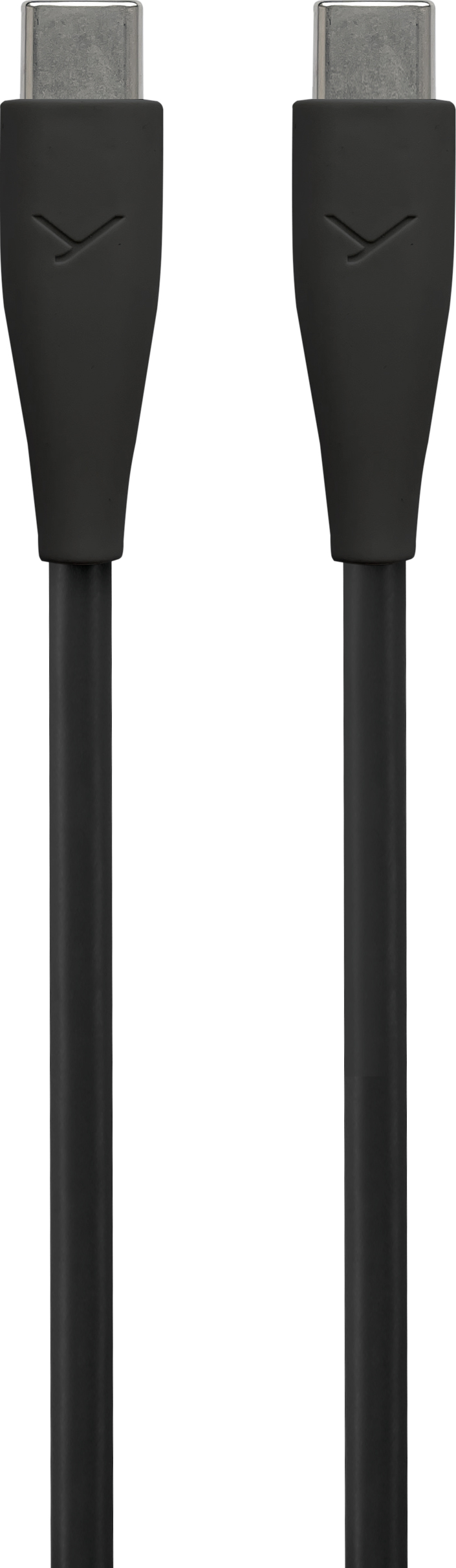 Un cavo USB-C nero. Sfondo bianco.