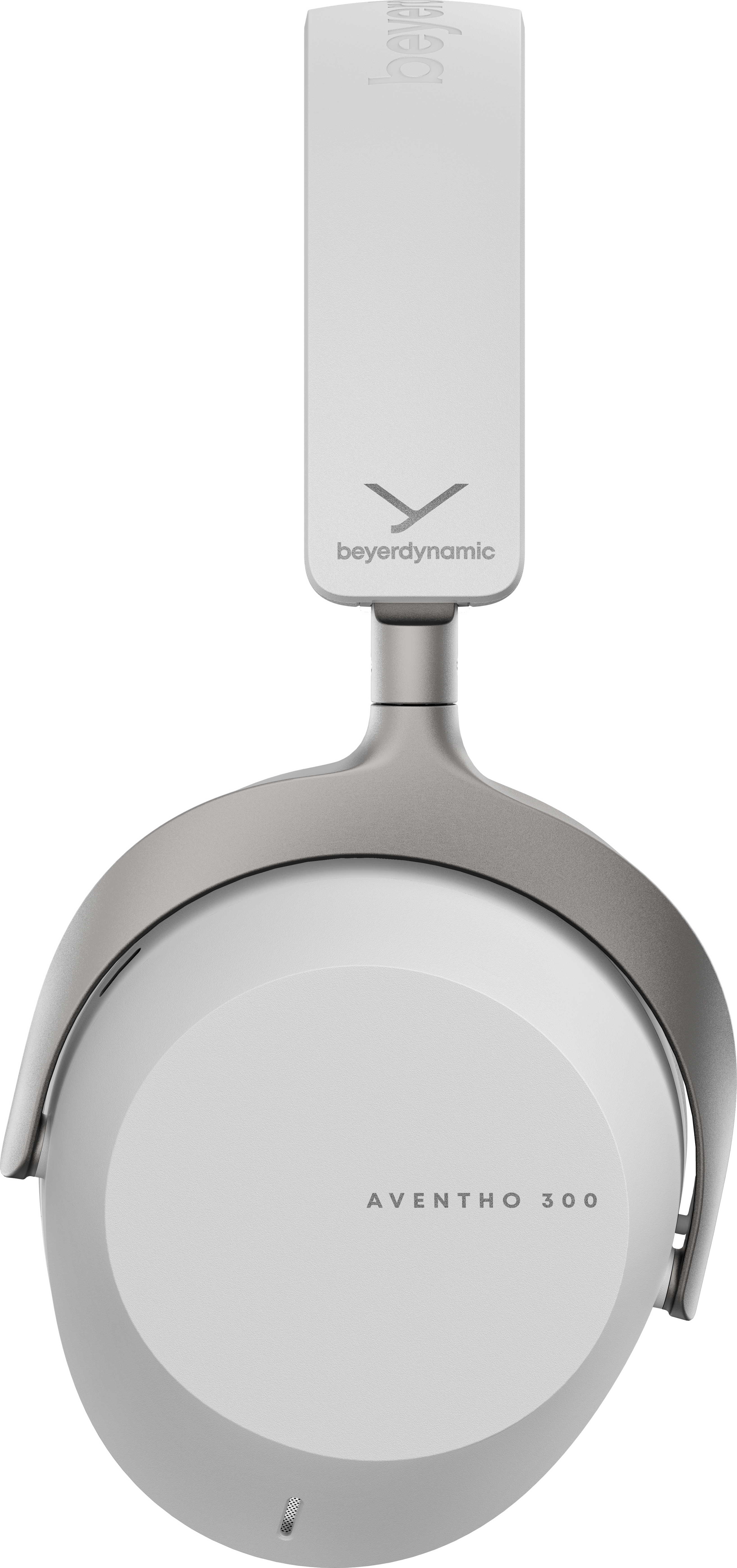 Cuffie bianche over-ear con marchio e numero modello visibili. Appese.