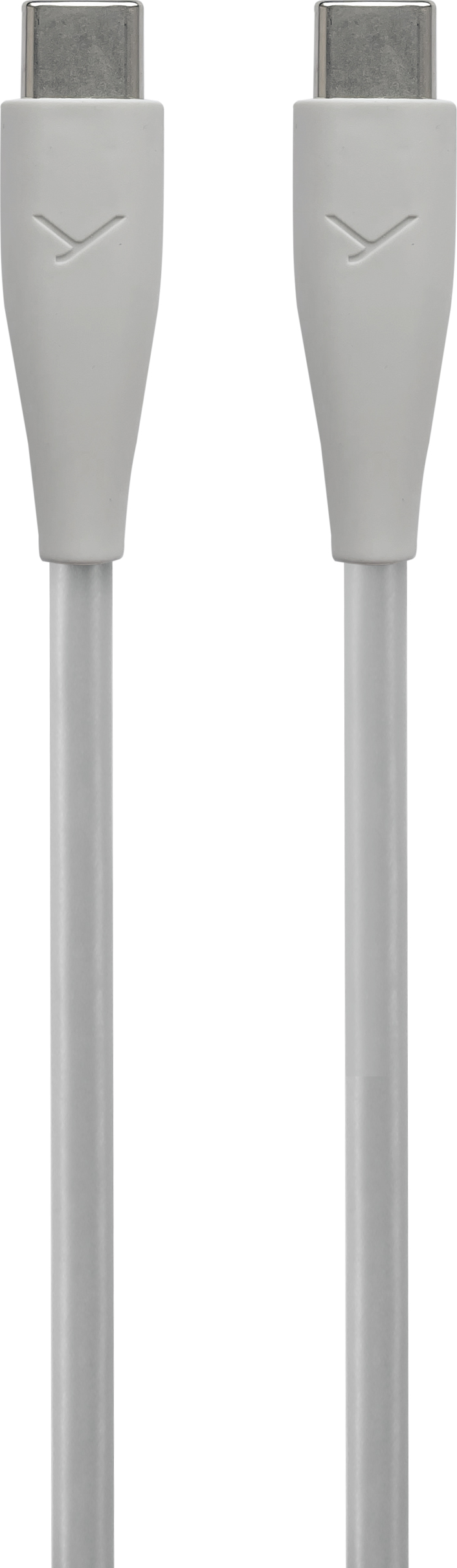 Due cavi USB-C bianchi con un logo, uno accanto all'altro, su sfondo bianco.