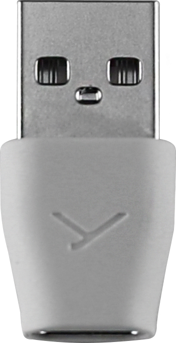 Un connettore USB bianco con base grigio chiaro e un logo.