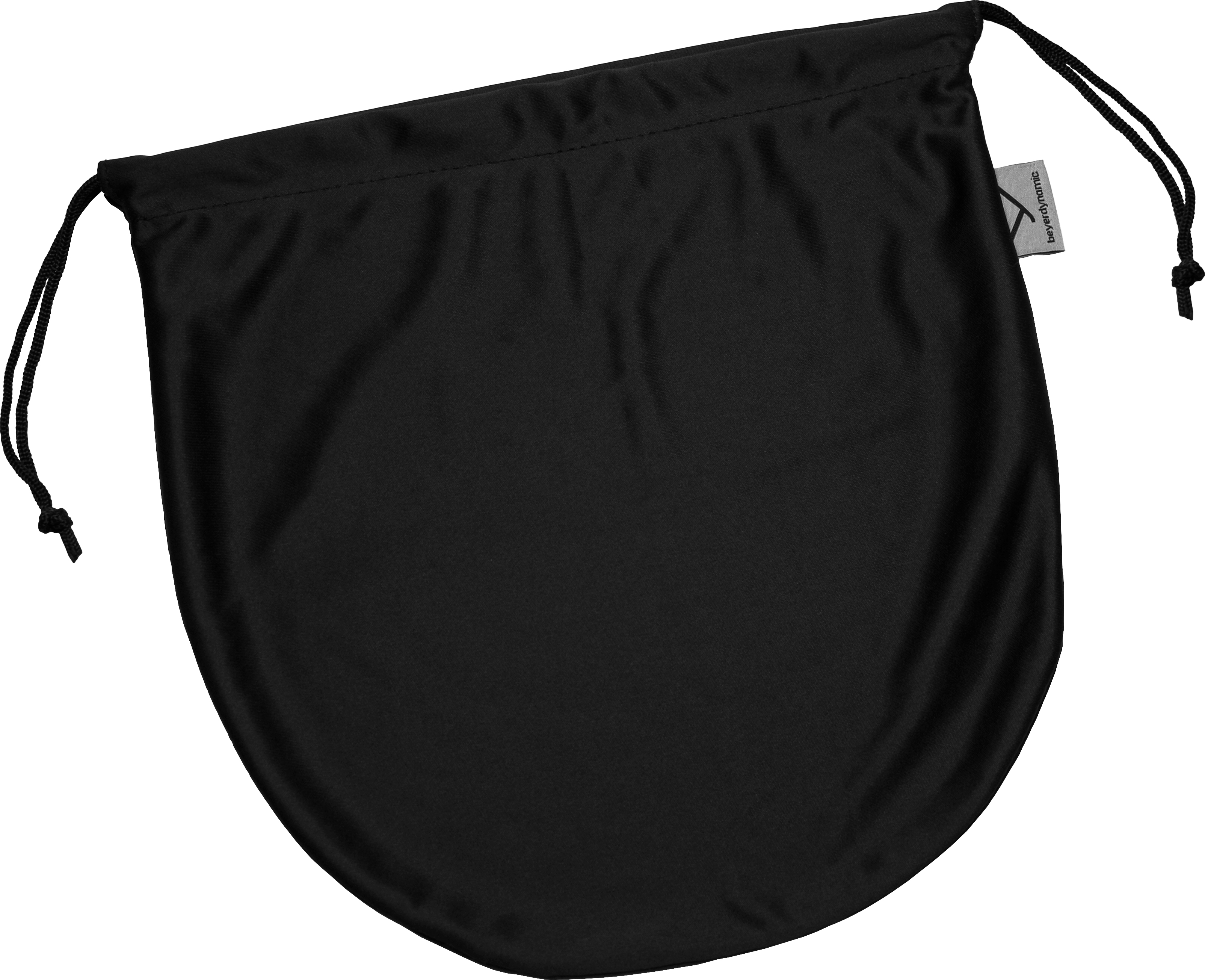 Borsa nera con coulisse e fondo arrotondato. C'è una piccola etichetta attaccata alla coulisse.