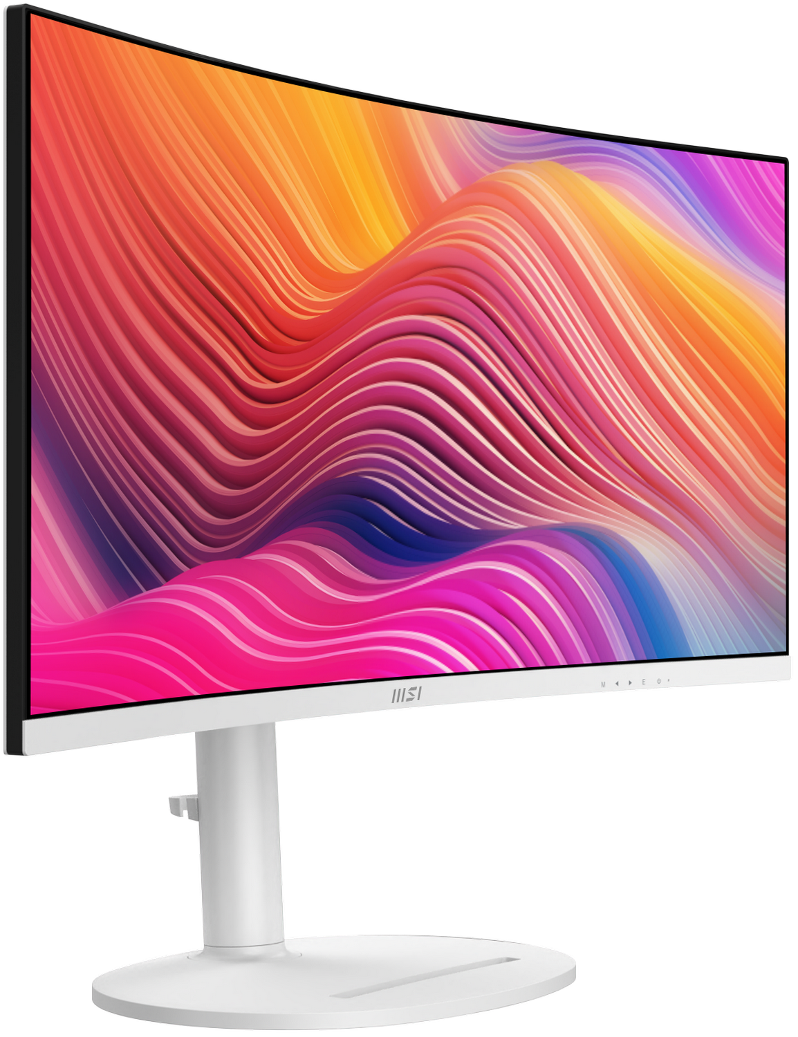 Monitor de computadora blanco curvo con fondo abstracto colorido. El monitor está sobre un soporte blanco.