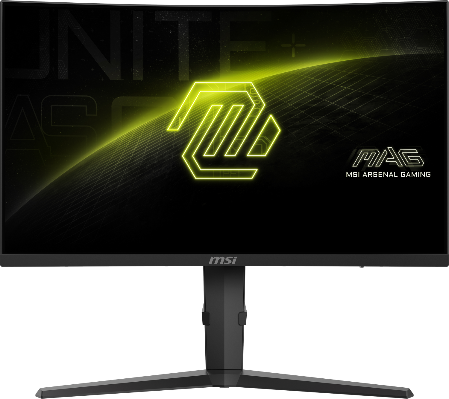 Monitor gaming MSI con marco y soporte negros. La pantalla muestra un logo amarillo sobre fondo oscuro.