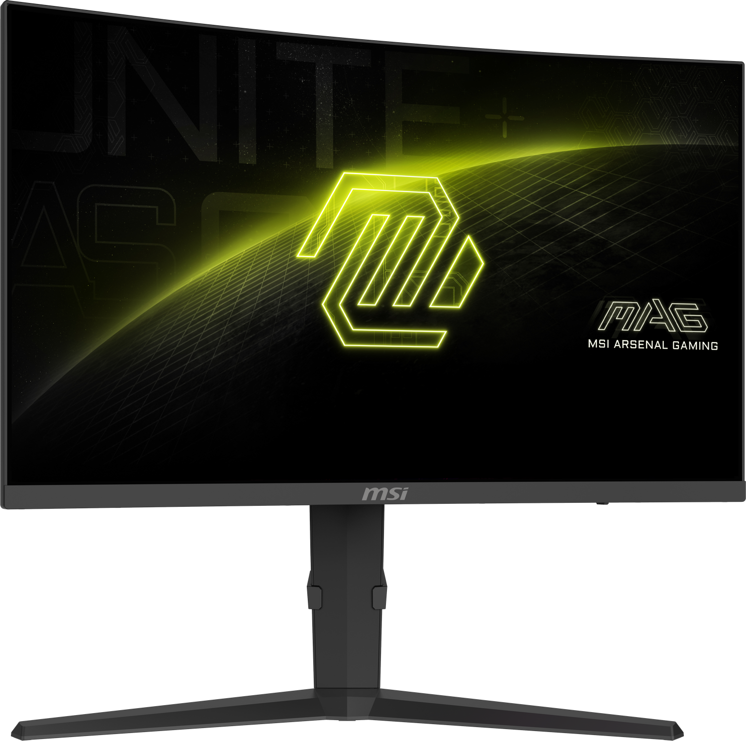 Monitor de juegos con pantalla curva muestra logo y texto amarillos.