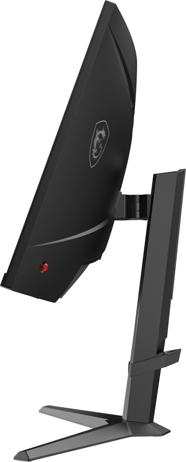 Monitor negro lateral, con soporte, logo y botón rojo de encendido.