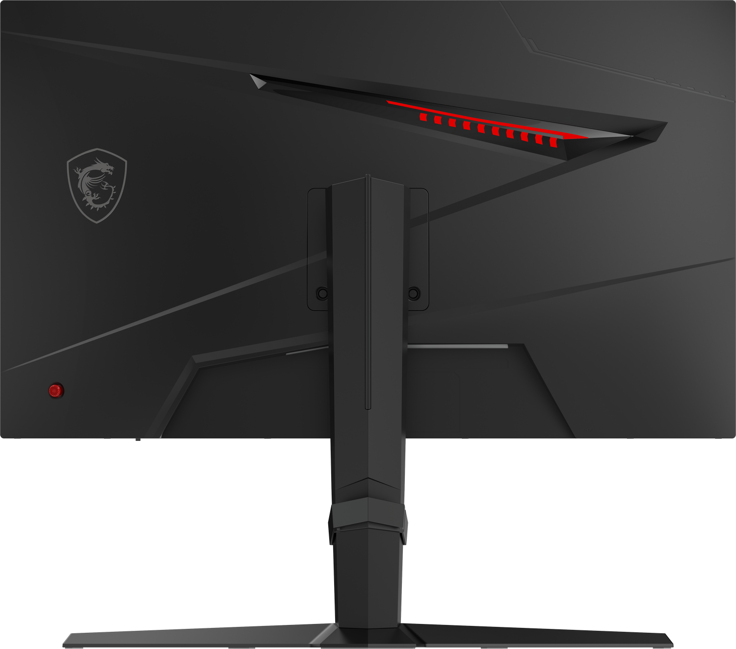 Parte trasera de monitor MSI negro con detalles rojos y soporte.