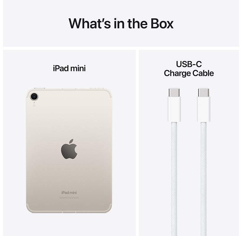 Egy iPad mini és egy USB-C töltőkábel látható fehér háttéren.