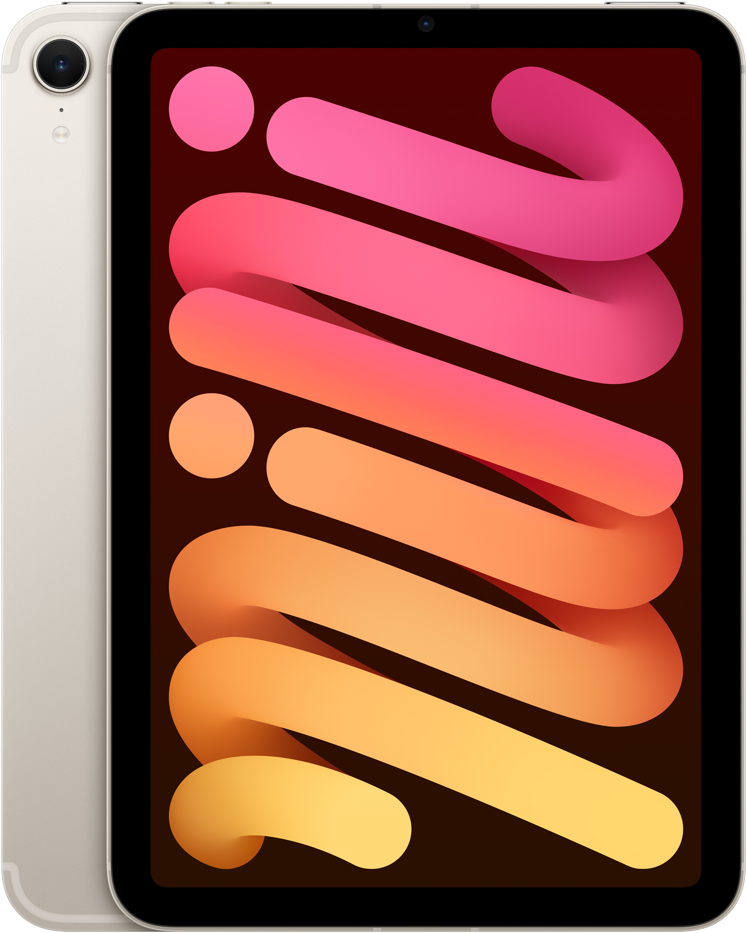 Fehér tablet élénk, absztrakt designnal, rózsaszín, narancssárga és sárga görbékkel. Fehér háttérrel.