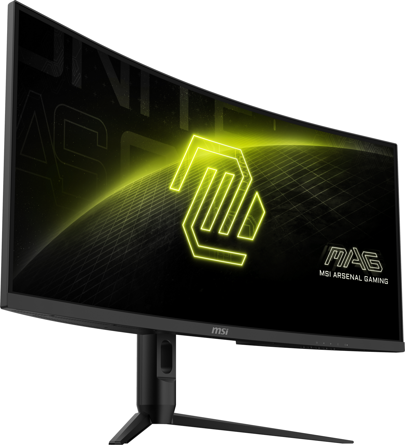 Monitor gaming MSI con pantalla curva, base negra y logo verde neón sobre fondo negro.