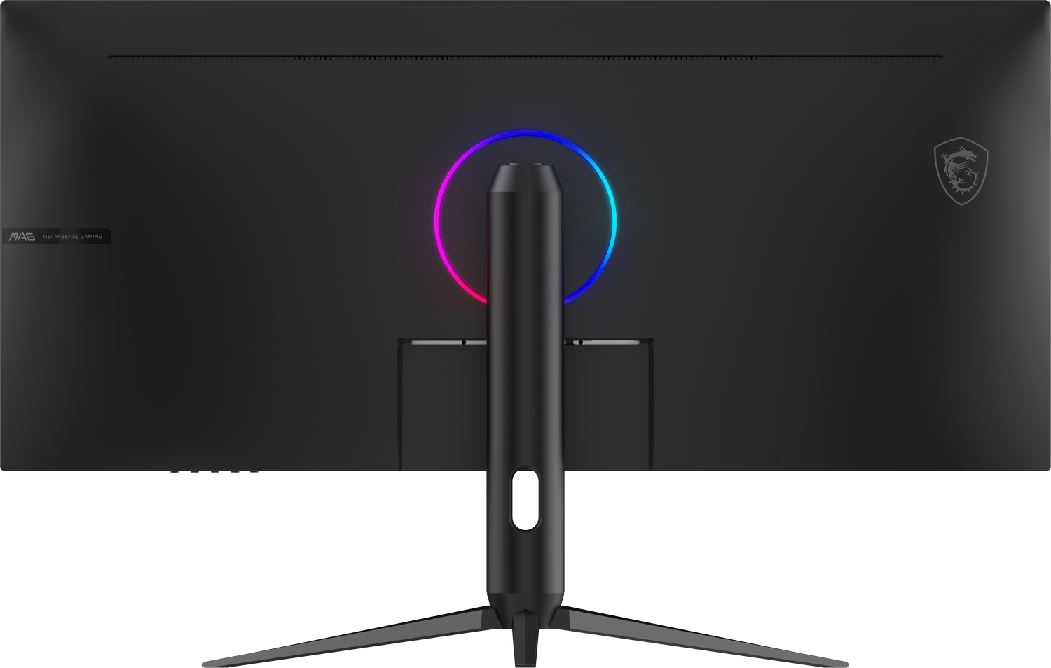 Monitor negro con soporte y anillo iluminado colorido, fondo blanco.