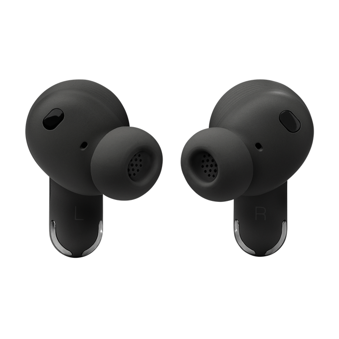 Primer plano de auriculares inalámbricos negros, con marcas L y R, sobre fondo blanco.