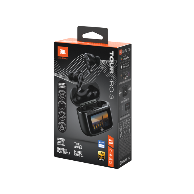 Auriculares JBL Tour Pro 3, estuche de carga con pantalla y caja.
