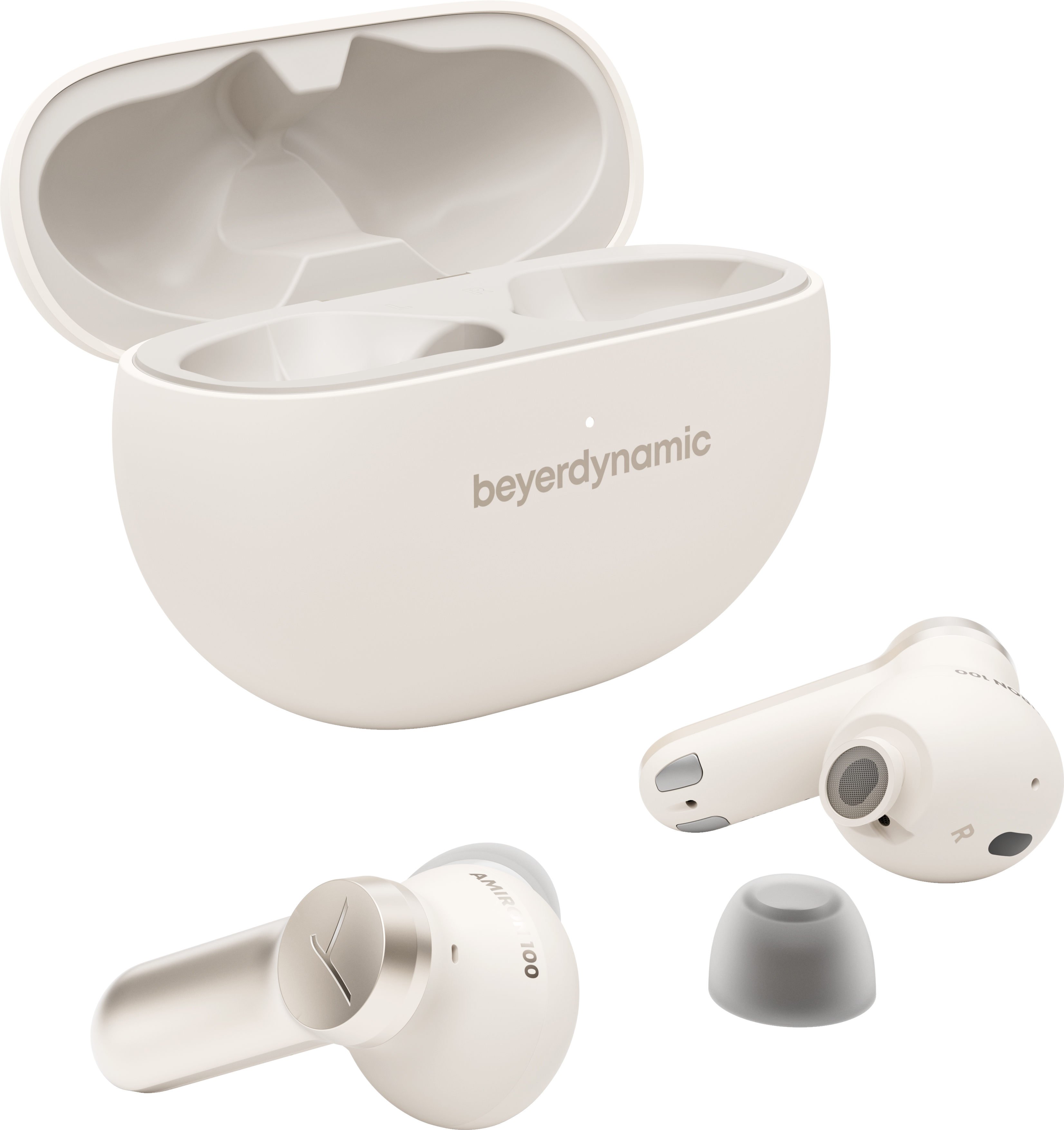 Auricolari bianchi con custodia di ricarica. Auricolari con dettagli argentati e il marchio è beyerdynamic.