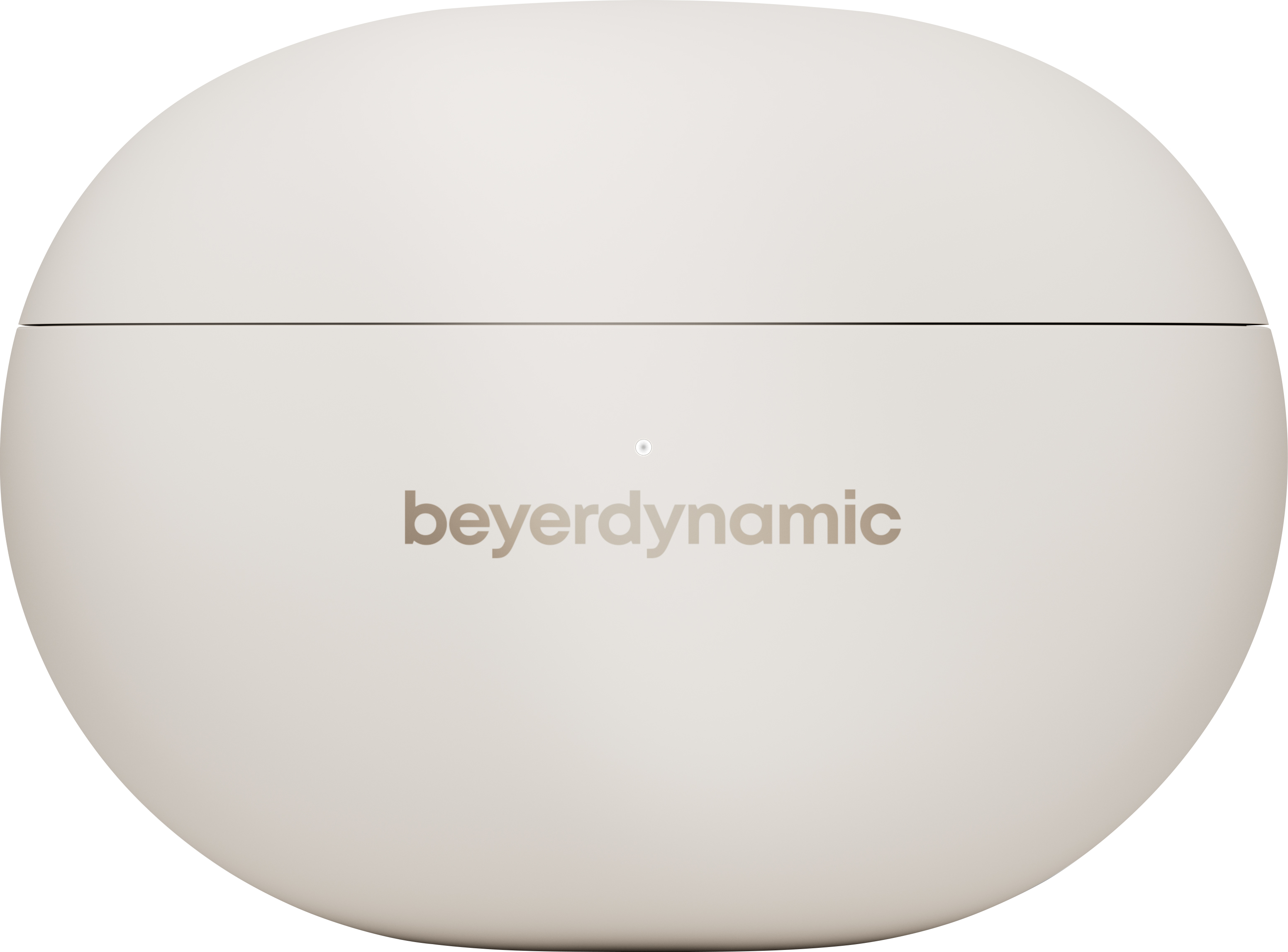 Una custodia per auricolari beige e arrotondata con il logo Beyerdynamic.