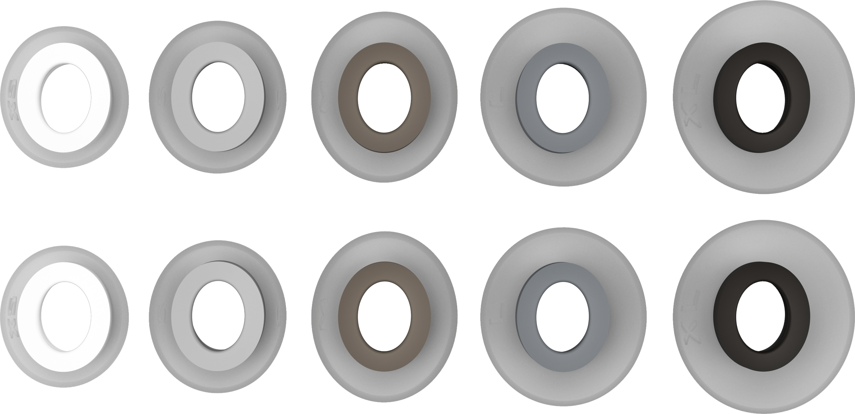 Dieci auricolari circolari in due file. Ogni punta ha un design diverso. Sono tutti bianchi e grigi.