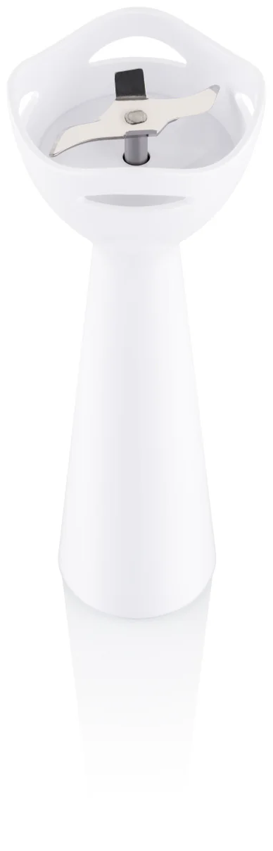 Fehér kézi mixer feltét pengével. Felülnézet, a penge a keverőfejben látható.