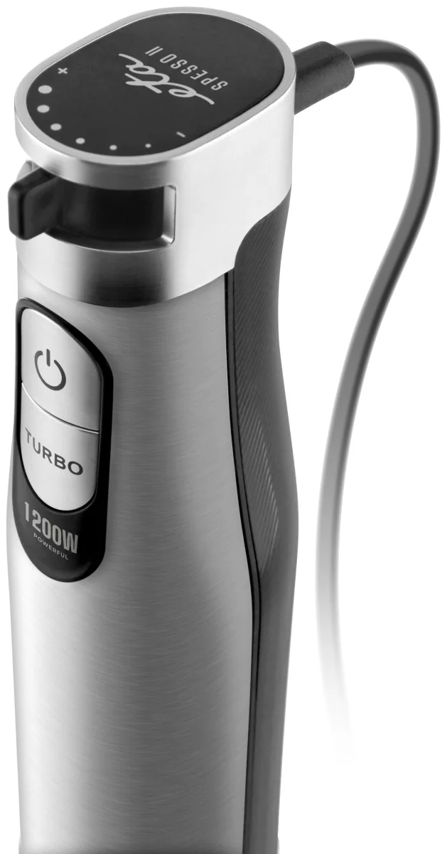 Ezüst-fekete botmixer, bekapcsoló gomb, turbo gomb, 1200W. Fehér háttér.