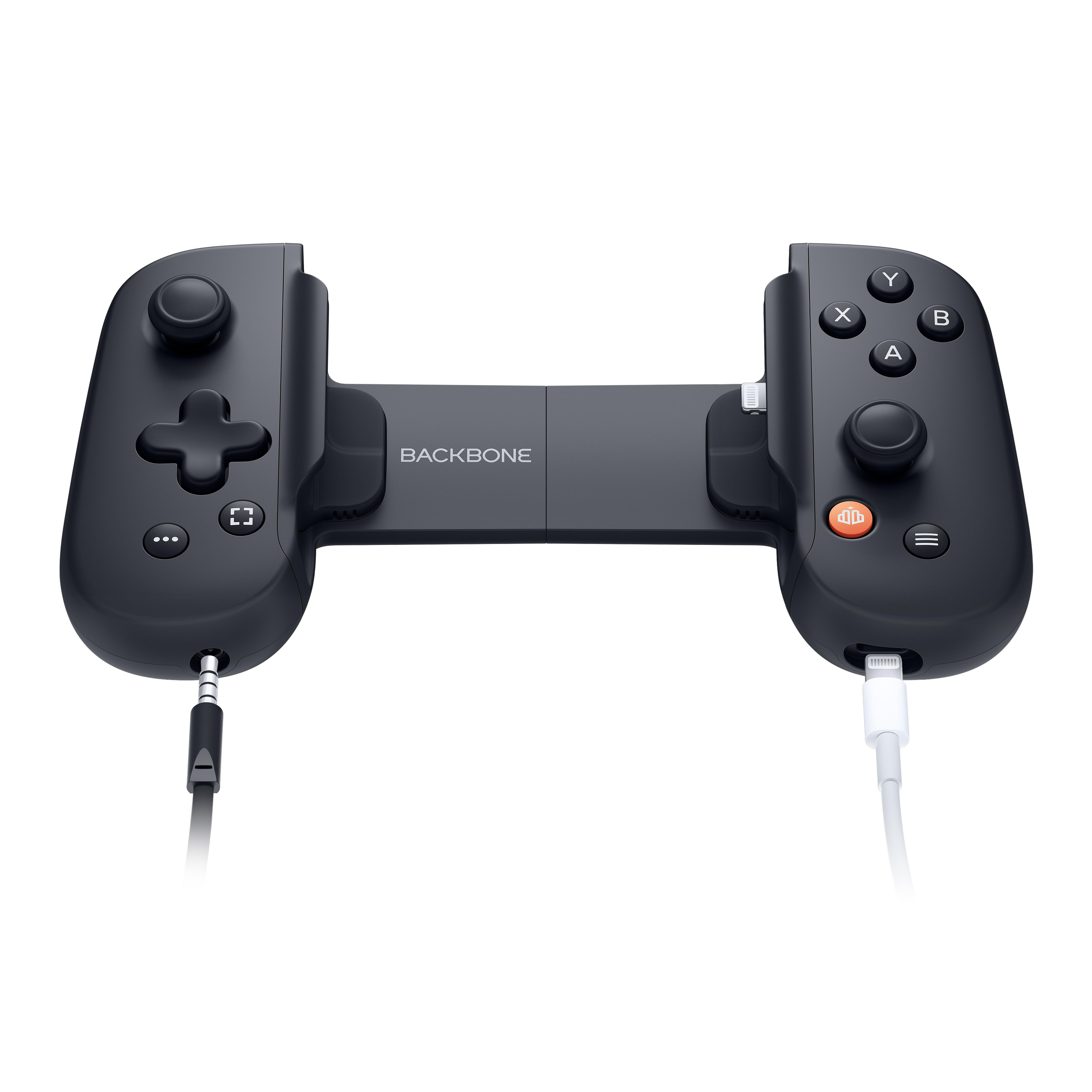 Schwarzer Gamecontroller mit Telefonhalter und Knöpfen, mit zwei Kabeln.