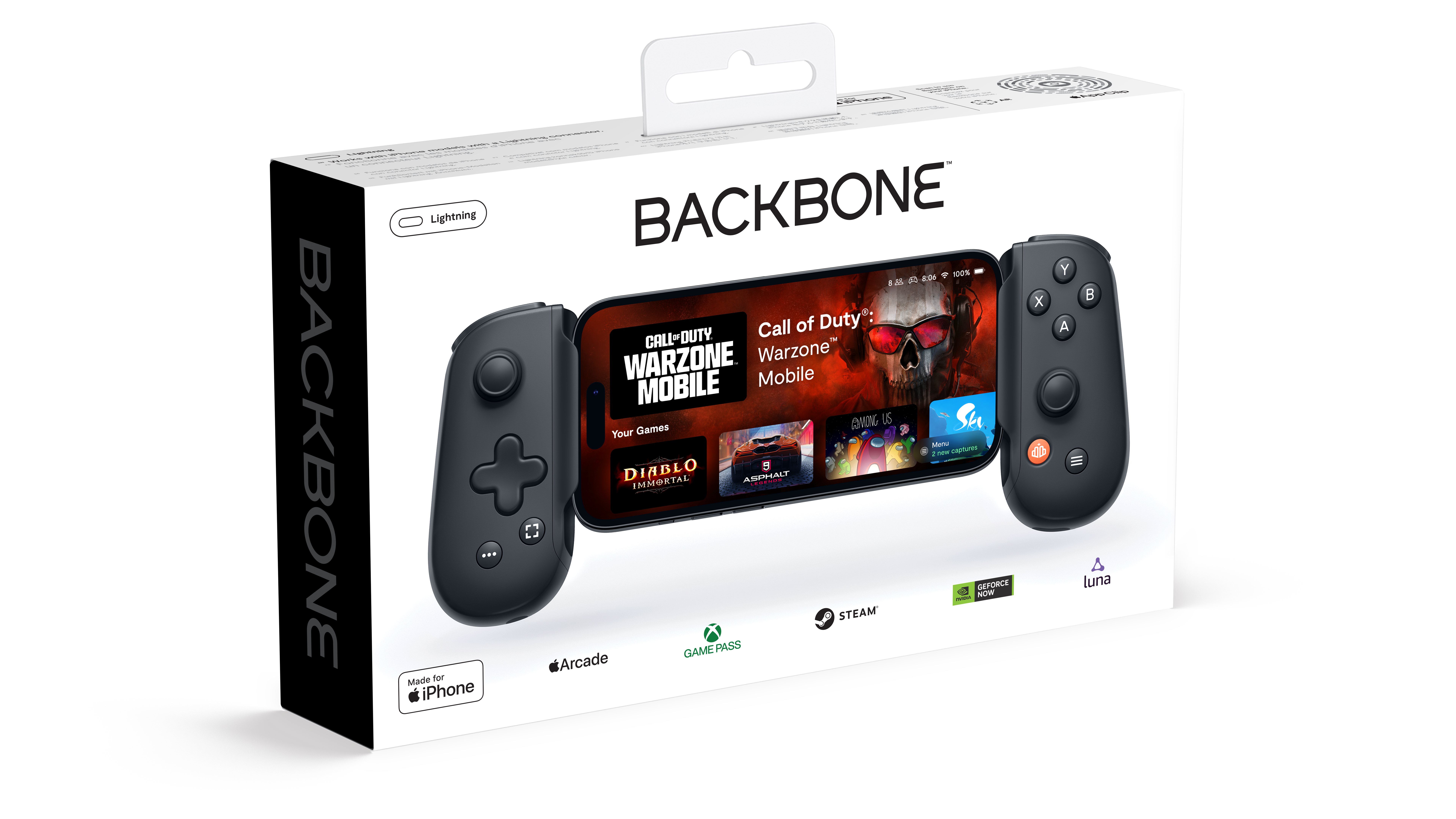 Verpackter Backbone-Mobil-Gaming-Controller mit angeschlossenem Telefon, Spielbildschirm.