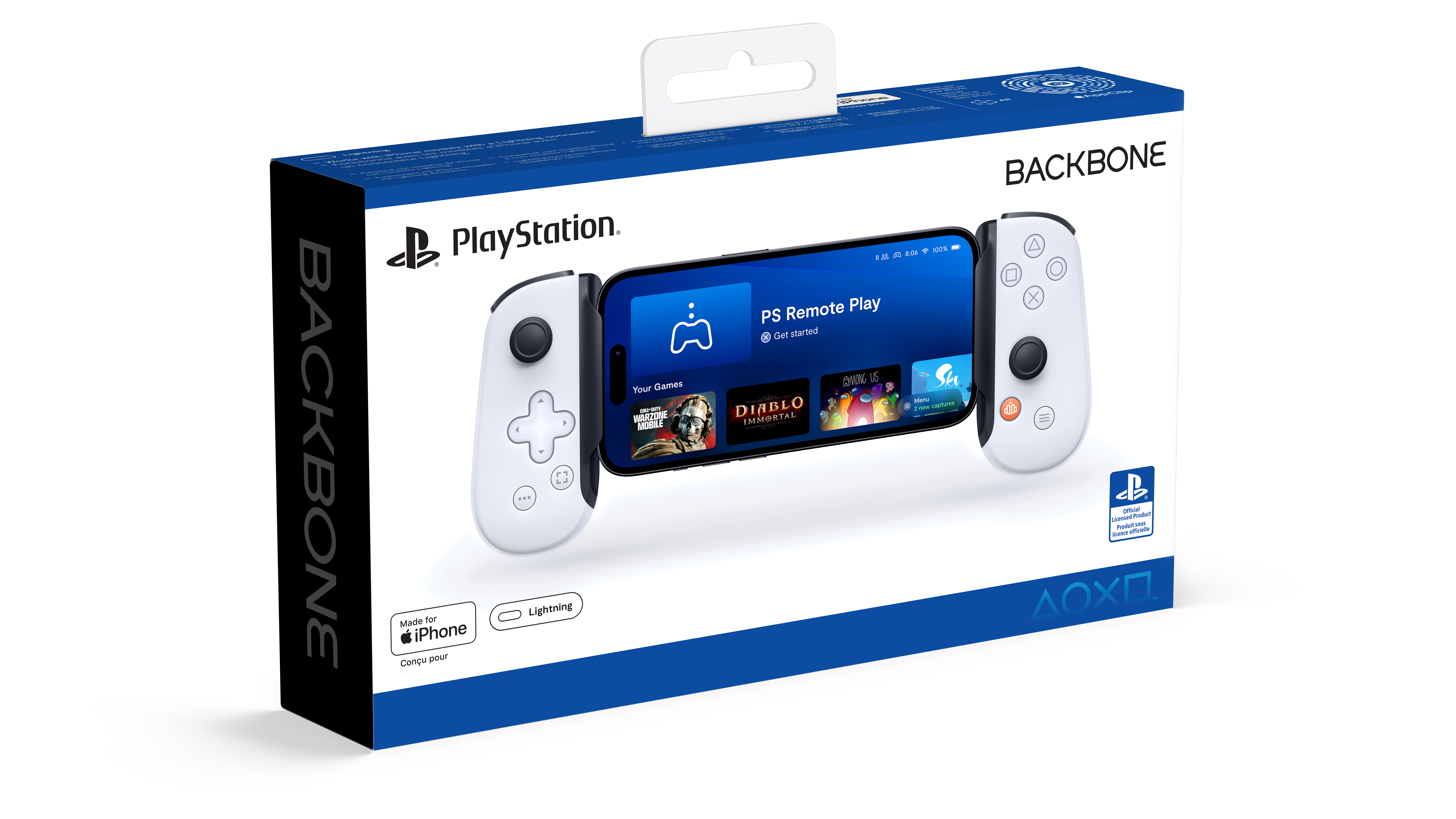 Backbone-Controller für iPhone in der Verpackung. Das Telefon zeigt ein Spiel.